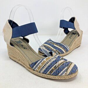 Zuka Sandals Womens 8.5 Blue Beige Stripe Canvas Espadrille Slingback Wedge Heel